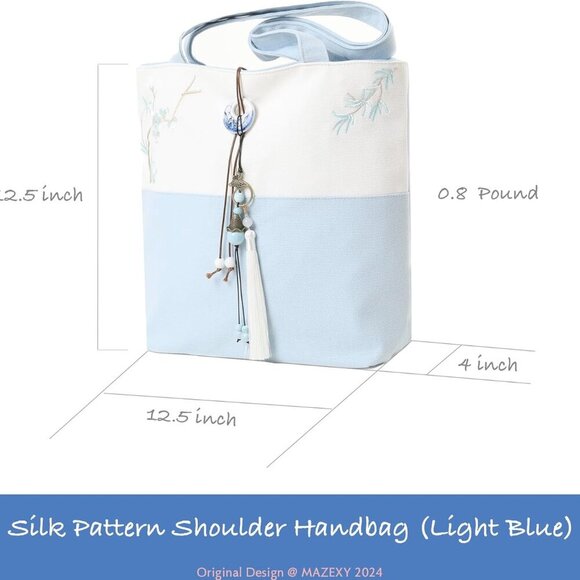 Elegant Vintage Silk Pattern Shoulder Handbag Tote Bag with Pendant and Tassels - Picture 4 of 8